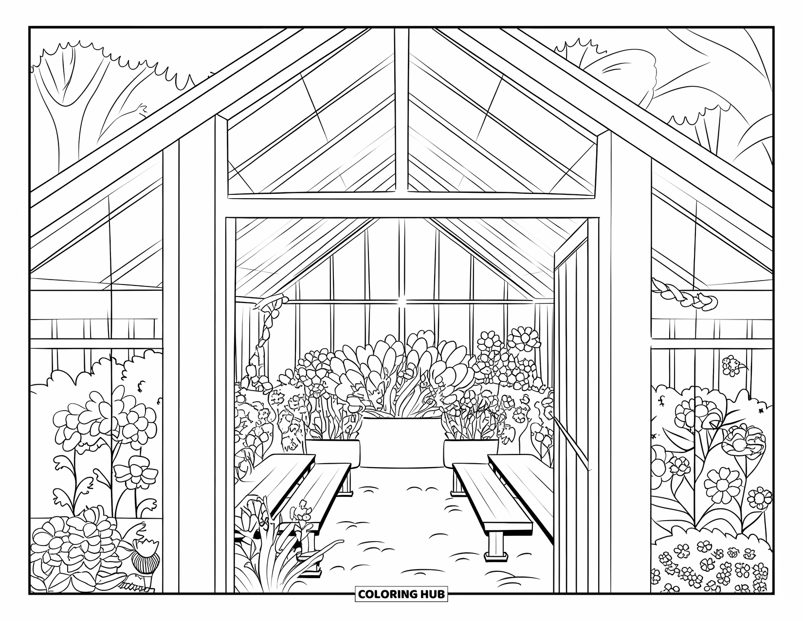 Flower Garden Coloring Page for Kids: Glass-roofed greenhouse overlooks a flowery garden with benches and trees
