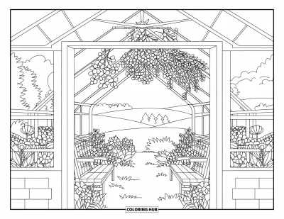 Blumengarten-Ausmalbild für Kinder: Gewächshaus öffnet sich zu einem gemütlichen Garten mit Blumen und Holzbänken