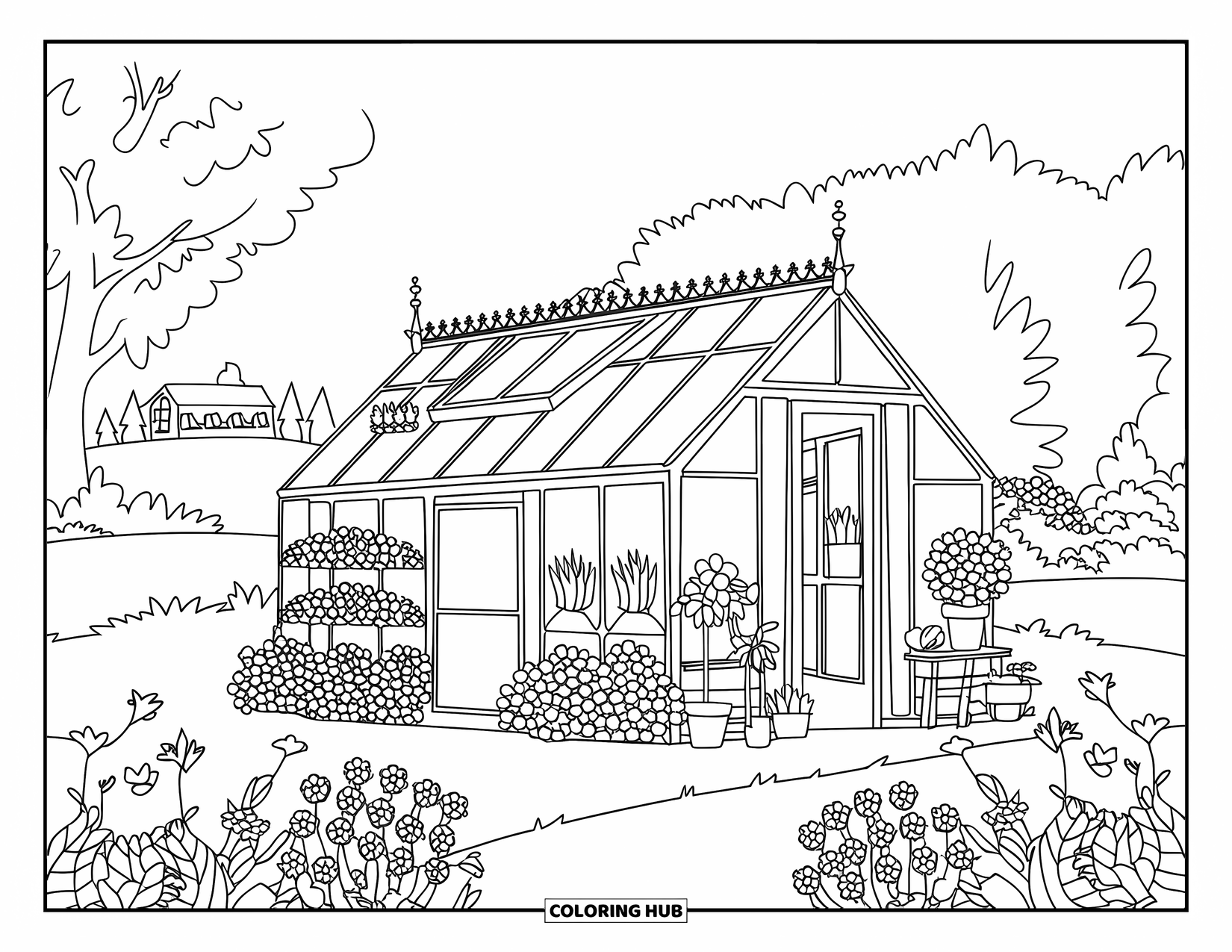 Flower Garden Coloring Page for Kids: Greenhouse with potted plants faces a colorful garden with benches and distant trees