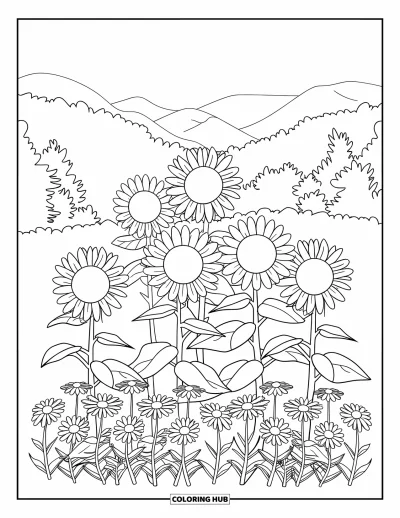 Blumengarten-Ausmalbild für Kinder: Gestaffelter Garten mit großen Sonnenblumen und kleinen Margeriten unter hellem Himmel