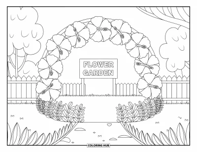 Blumengarten-Ausmalbild für Kinder: Übergroße Hibiskusblüten umgeben einen Gartenweg mit einem Schild mit der Aufschrift "Flower Garden"