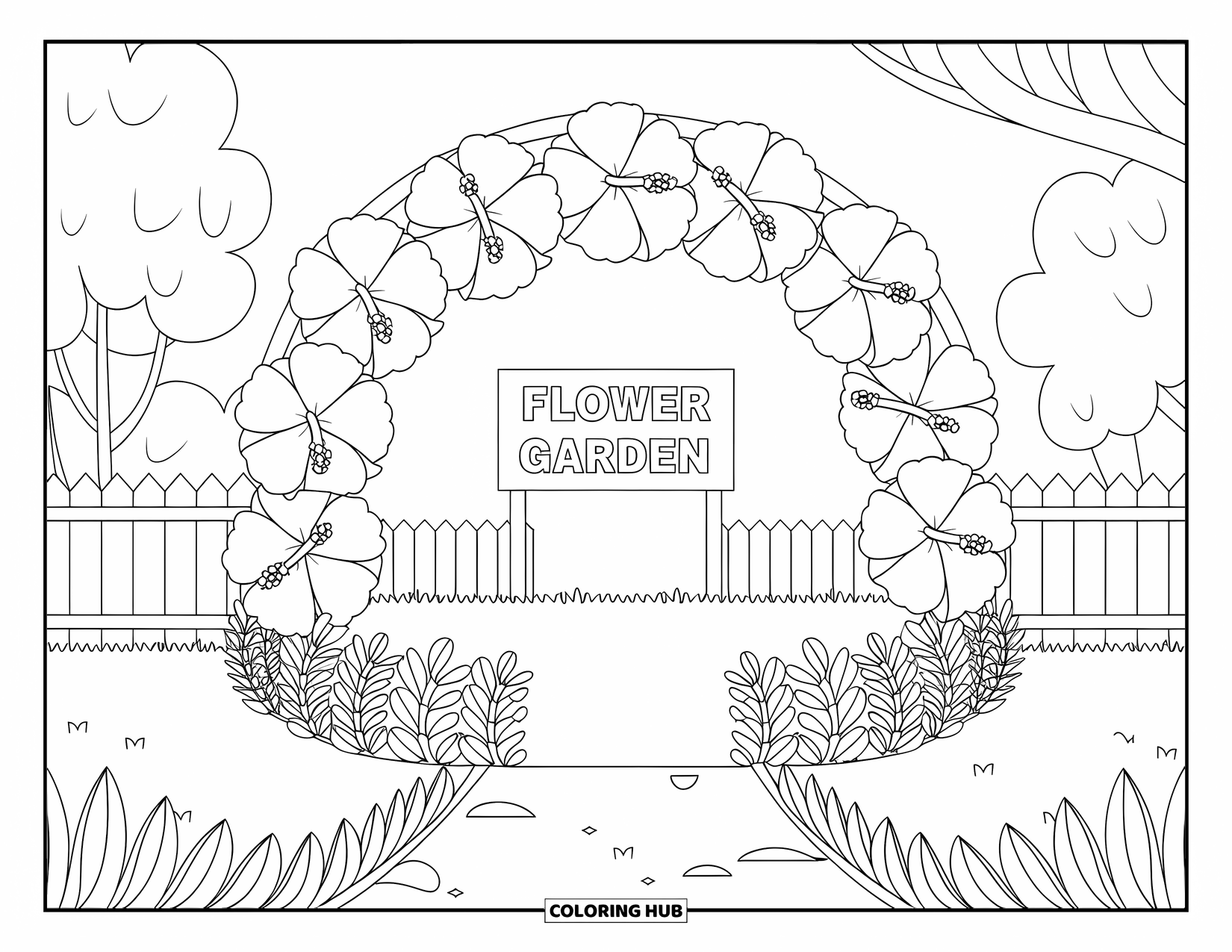 Flower Garden Coloring Page for Kids: Oversized hibiscus flowers surround a garden path with a "Flower Garden" sign