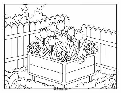 Blumengarten-Ausmalbild für Kinder: Gemusterter Gartenkasten mit Tulpen und Ringelblumen nahe eines niedrigen Zauns