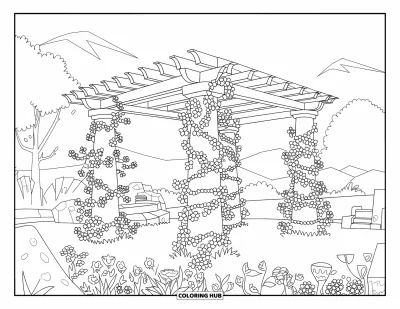 Blumengarten-Ausmalbild für Kinder: Pergola mit kletternden Blumen steht in einem friedlichen Blumengarten unter klarem Himmel