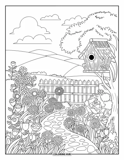 Blumengarten-Ausmalbild für Kinder: Rustikales Vogelhaus und Gartenweg umgeben von Blumen und Hügeln