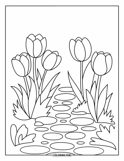 Blumengarten-Ausmalbild für Kinder: Steinpfad schlängelt sich an Tulpen vorbei in einem gemütlichen, schlichten Garten
