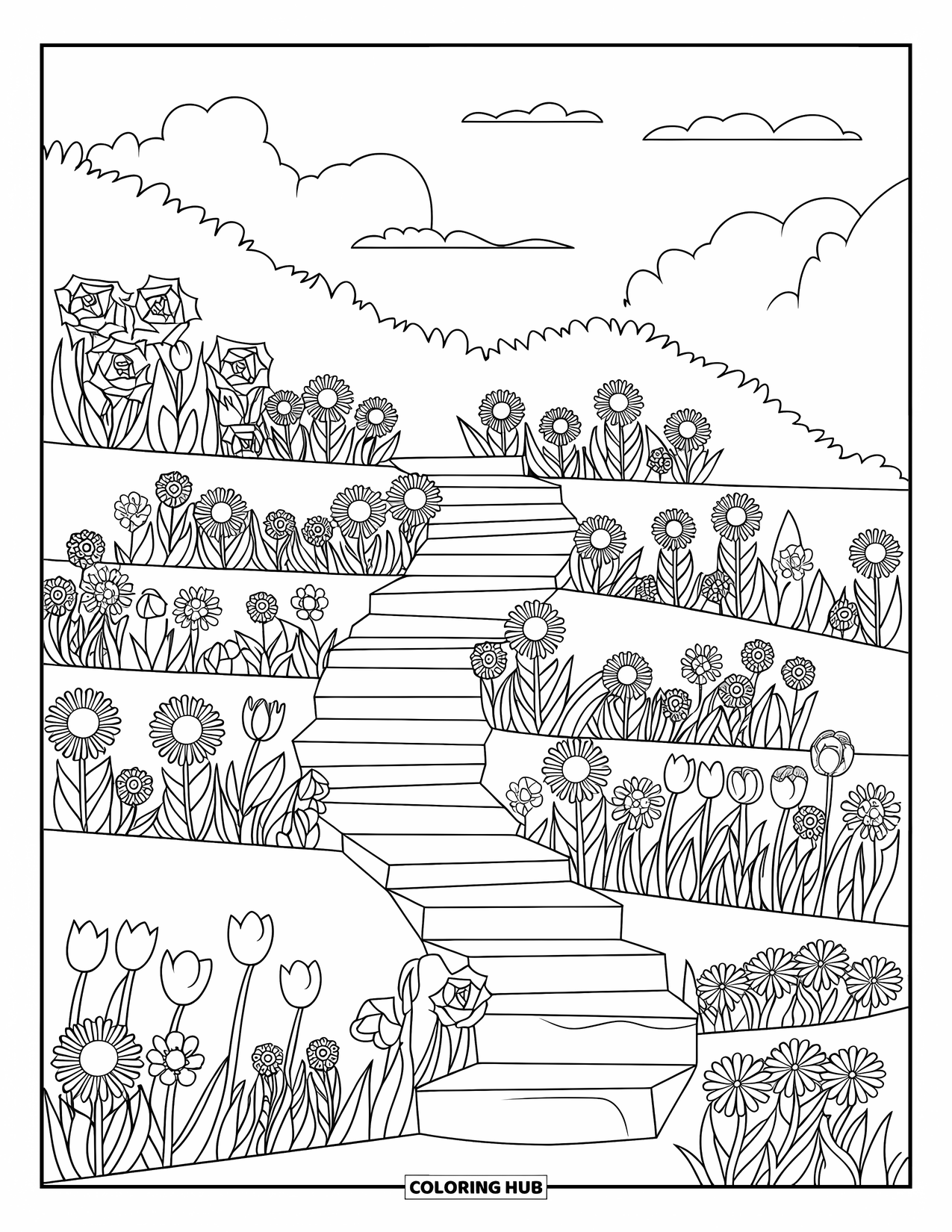 Flower Garden Coloring Page for Kids: Stone steps lead through a hillside garden filled with blooming flowers