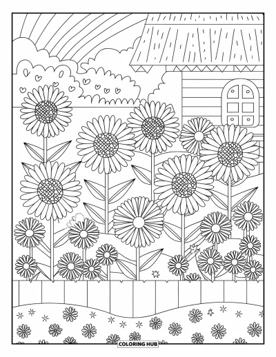Blumengarten-Ausmalbild für Kinder: Sonnenblumen und Margeriten blühen in Reihen hinter Zaun und gemütlichem Cottage