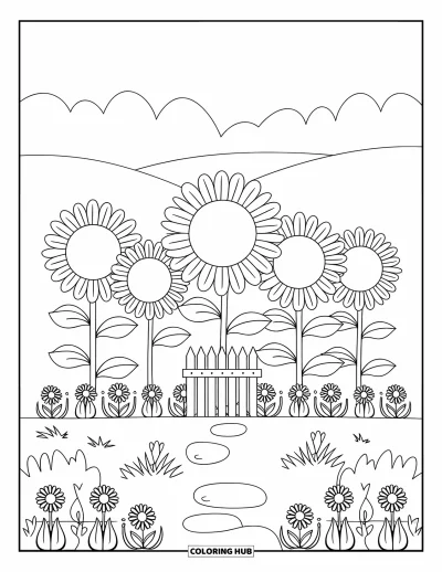Blumengarten-Ausmalbild für Kinder: Lächelnde Sonnenblumen blühen neben einem Weg und einem kleinen Zaun