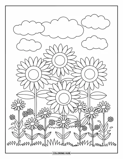 Blumengarten-Ausmalbild für Kinder: Sonniger Garten mit Sonnenblumen und Margeriten unter einem Himmel mit flauschigen Wolken