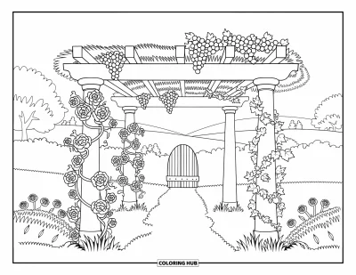 Blumengarten-Ausmalbild für Kinder: Pergola mit Strohdach, gewundenen Ranken und Blumen entlang eines Steinwegs