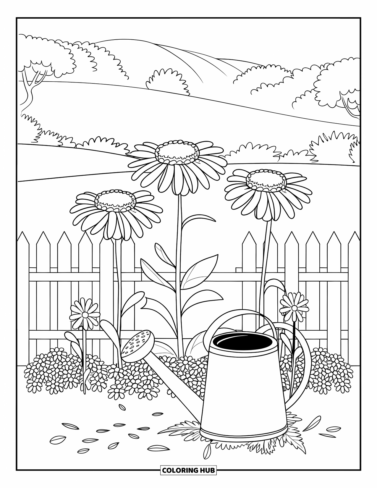 Flower Garden Coloring Page for Kids: Three daisies and a watering can sit in a garden with fence and trees
