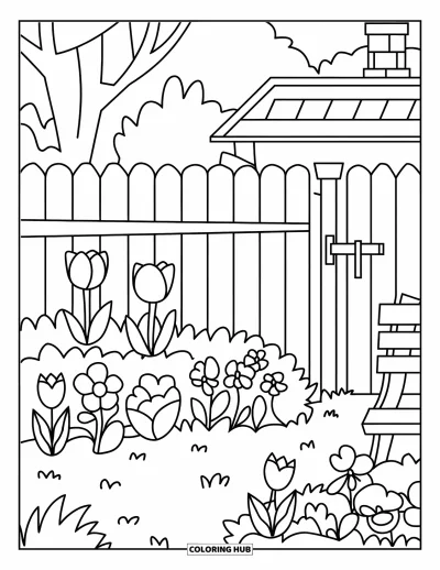 Blumengarten-Ausmalbild für Kinder: Tulpen-und-Stiefmütterchen-Garten mit Holzbank und gemütlichem Häuschen im Hintergrund