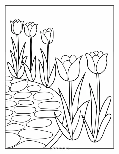Blumengarten-Ausmalbild für Kinder: Tulpen blühen neben einem runden Steinpfad in einem friedlichen Garten