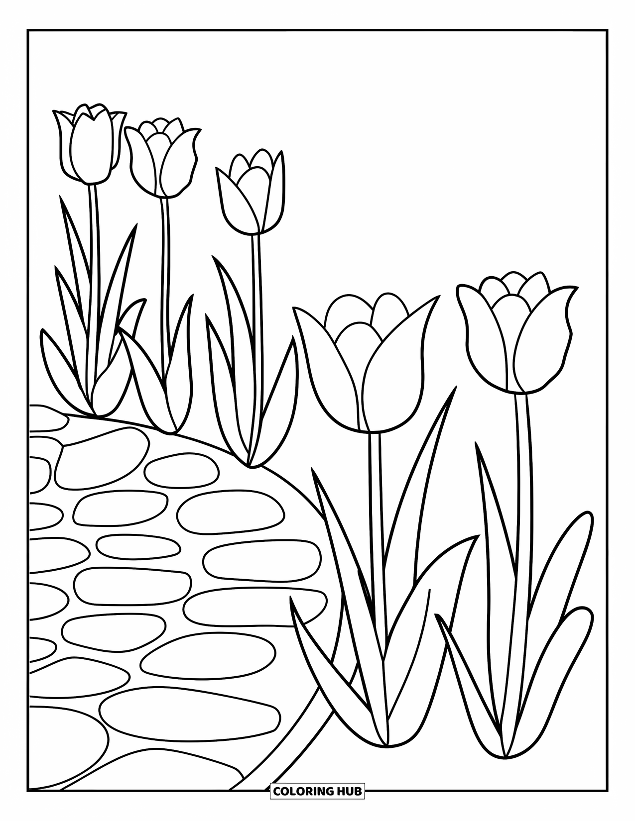Flower Garden Coloring Page for Kids: Tulips bloom beside a round stone path in a peaceful garden