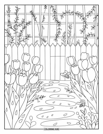 Blumengarten-Ausmalbild für Kinder: Tulpen wachsen neben einem runden Weg nahe Rankgitter und summenden Bienen