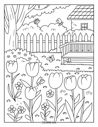 Blumengarten-Ausmalbild für Kinder: Tulpen, Stiefmütterchen und summende Bienen füllen einen eingezäunten Garten mit Bank und Blick auf ein Häuschen