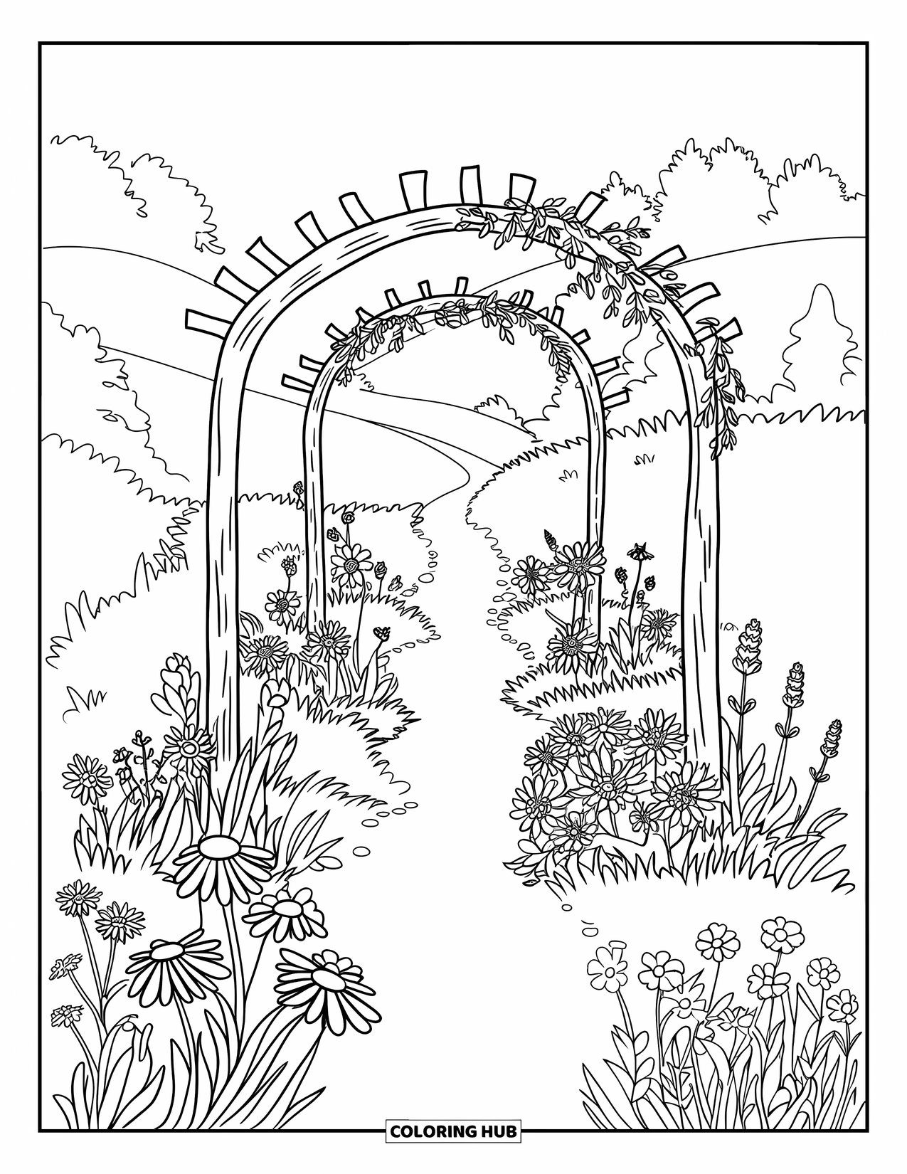 Flower Garden Coloring Page for Kids: Wildflowers line a garden path with a rustic arch and rolling hills