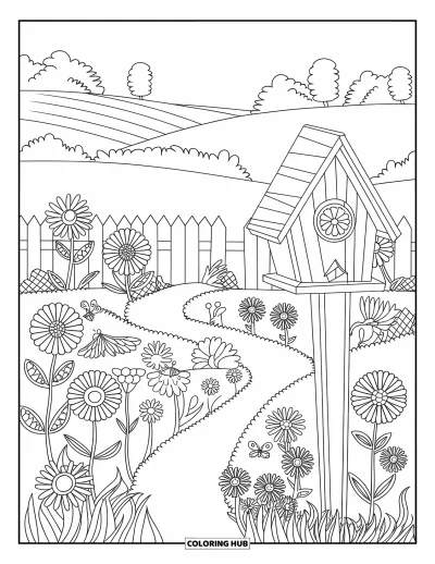 Blumengarten-Ausmalbild für Kinder: Geschwungener Gartenweg führt an Blumen und einem rustikalen Vogelhaus vorbei