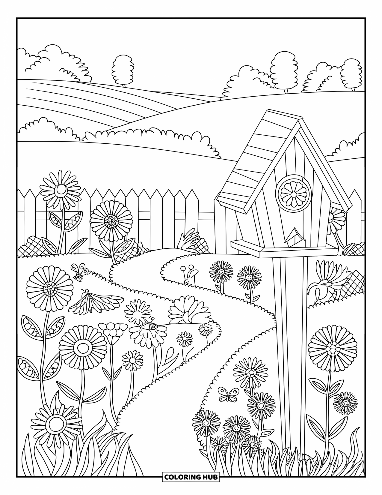 Flower Garden Coloring Page for Kids: Winding garden path leads past flowers and a rustic birdhouse