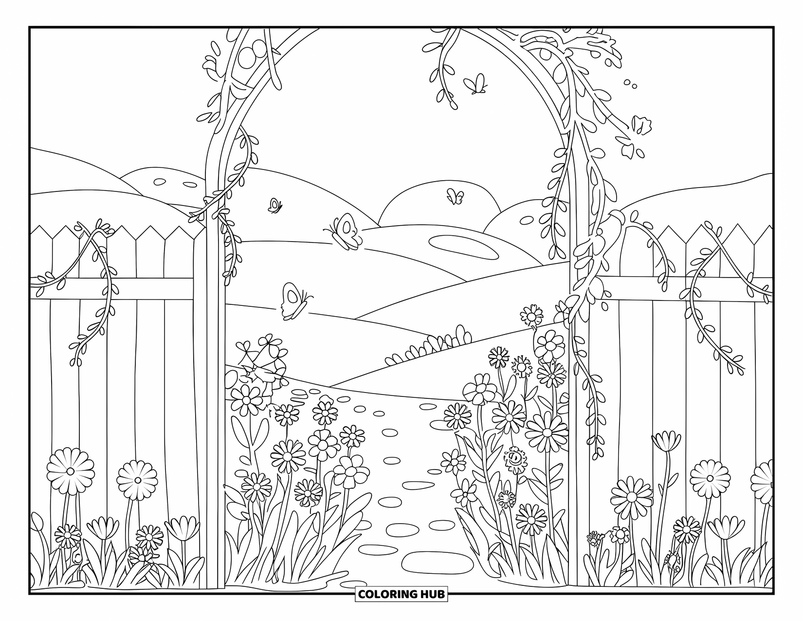 Flower Garden Coloring Page for Kids: Wooden gate covered in vines opens to a colorful flower garden