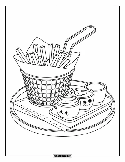 Målarbild med pommes frites för vuxna: En rutig friteskorg och minisåsflaskor på en mysig bricka med servett