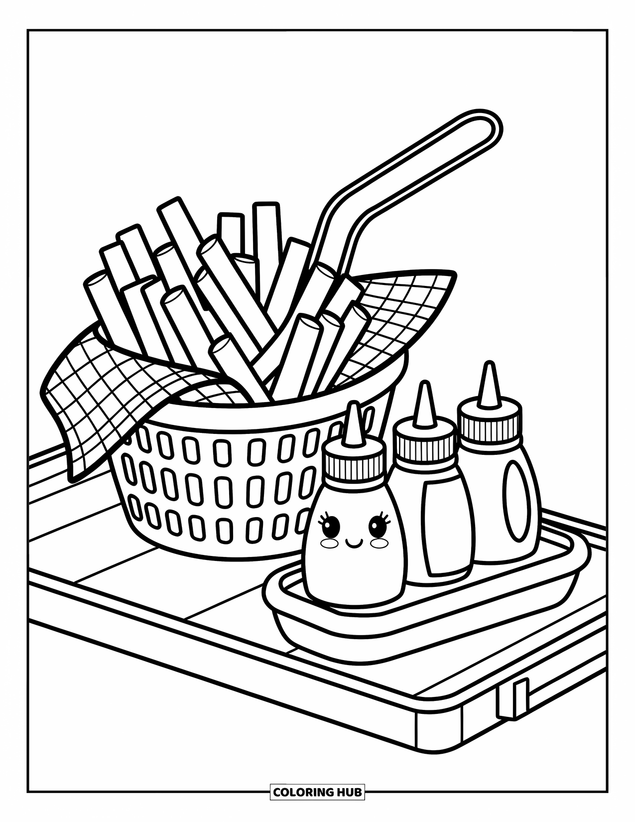 French Fries Coloring Page for Adults: A checkered napkin holds a fry basket with cute dipping sauces and a folded napkin