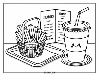 Målarbild med pommes frites för vuxna: En trivsam cafébricka håller biffpommes, en meny och en dryck med papperssugröret