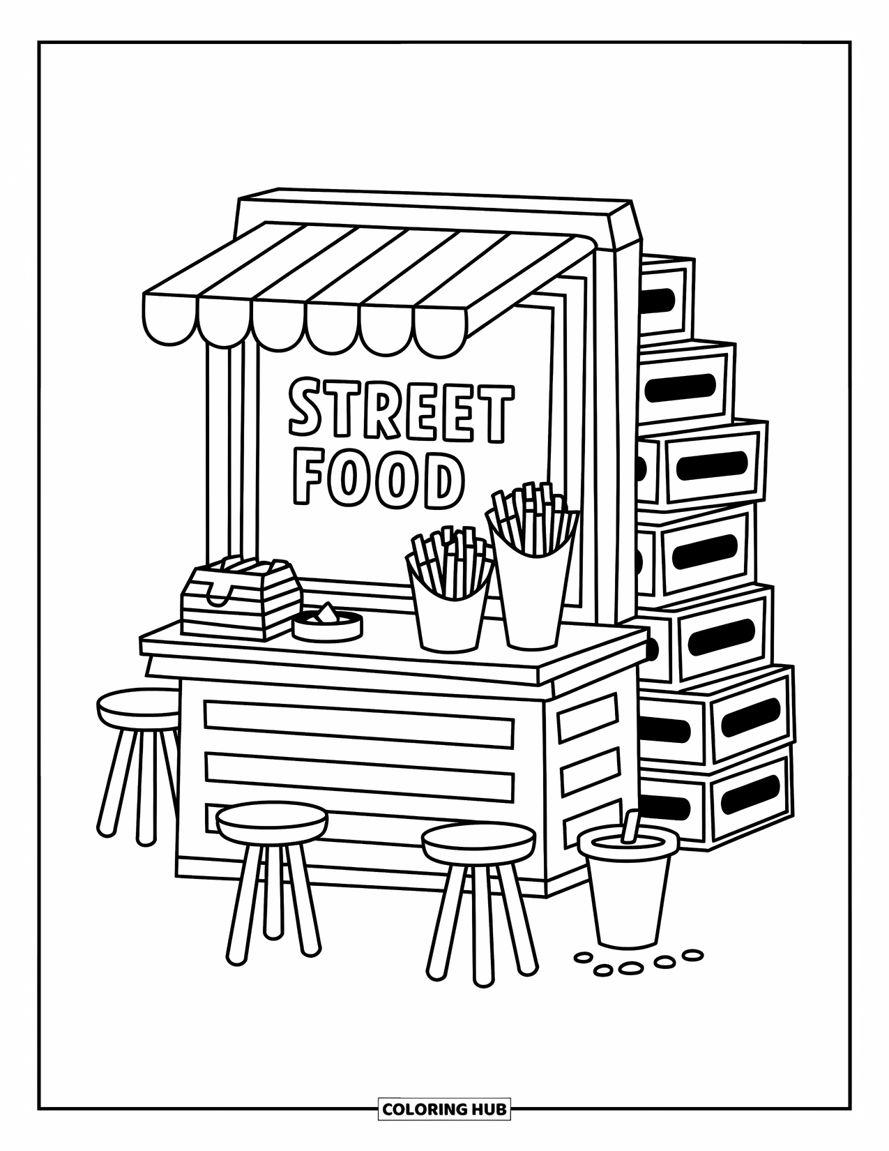 French Fries Coloring Page for Adults: A cute street stall features fries in a cone, a drink, and stacked crates behind