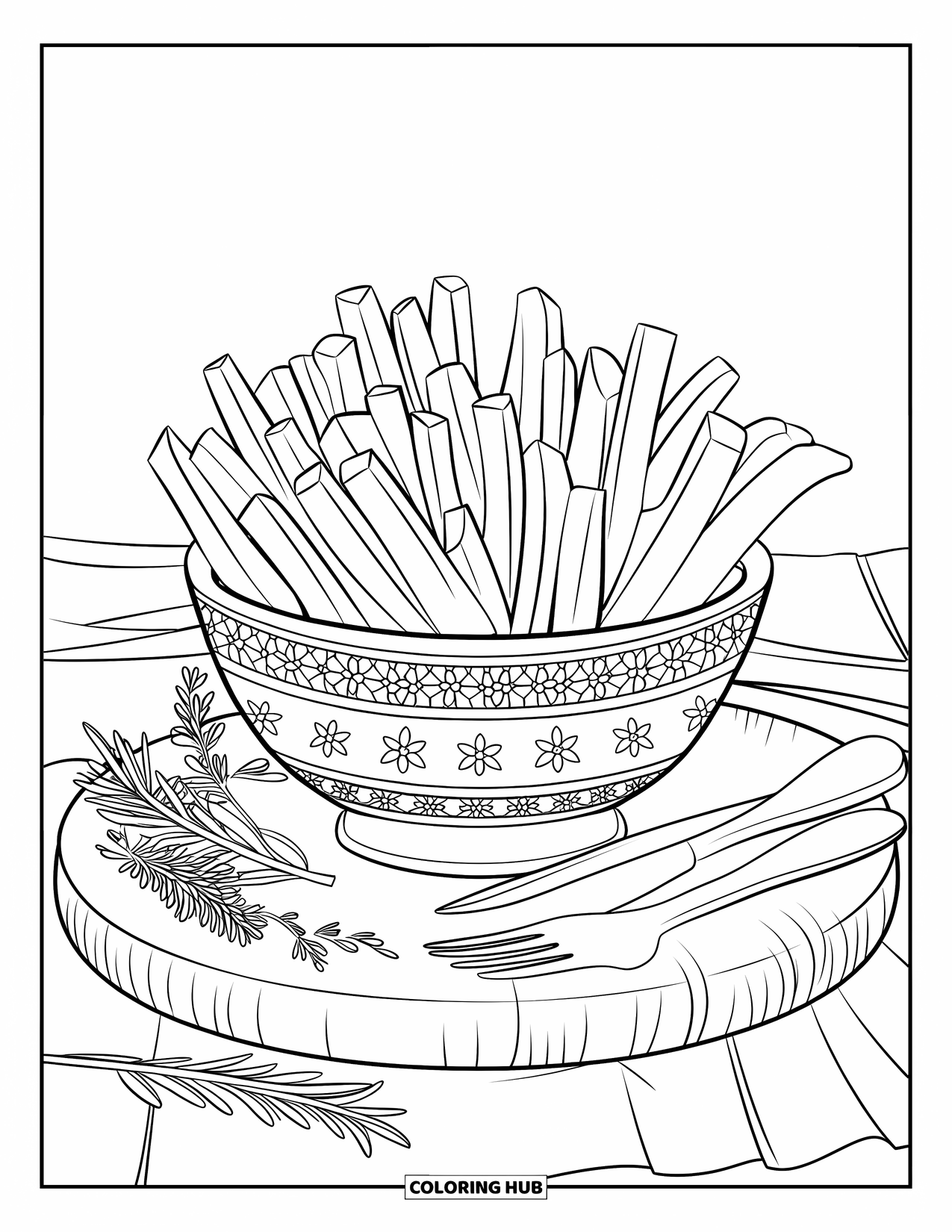 French Fries Coloring Page for Adults: A floral bowl of fries sits with rosemary, thyme, and cutlery on a wooden board