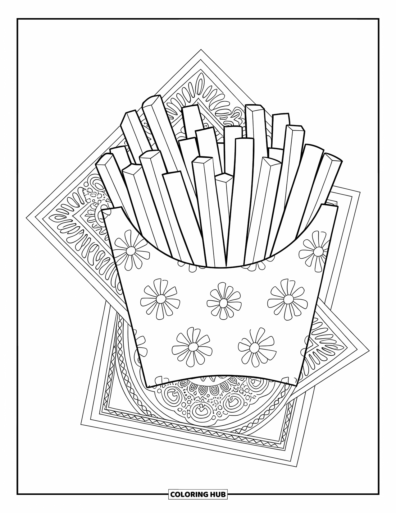 French Fries Coloring Page for Adults: A floral paper tray of fries sits over a decorative napkin