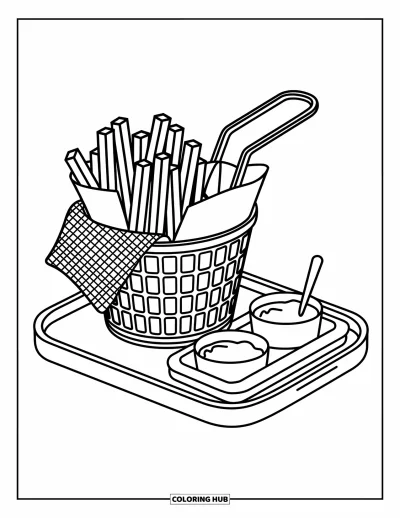 Målarbild med pommes frites för vuxna: En friteskorg med roliga minisåser på en träbricka med trivsamma klotter