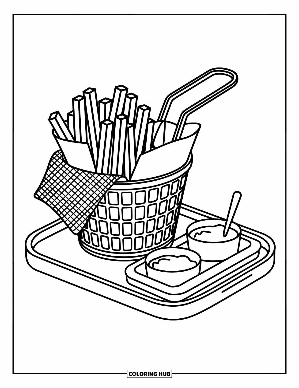 French Fries Coloring Page for Adults: A fry basket with fun mini sauces sits on a wooden tray with cozy doodles