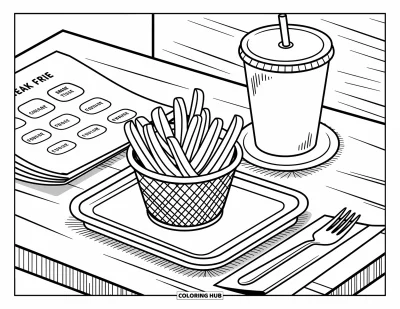 Målarbild med pommes frites för vuxna: En minibricka med biffpommes, en dryck och meny i en trivsam caféinredning