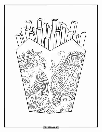 Målarbild med pommes frites för vuxna: En paisleyinsvept matlåda svämmar över med pommes frites i en stilren konstnärlig layout