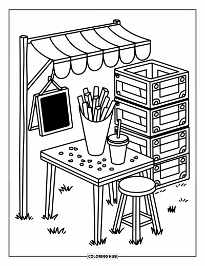 Målarbild med pommes frites för vuxna: En liten fritesstånd med rustikt bord, pommes frites, dryck och krita-meny ser inbjudande ut