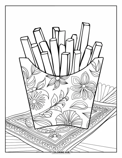 Målarbild med pommes frites för vuxna: En bricka med blommiga pommes frites vilar på en utsmyckad servett i ett snyggt upplägg