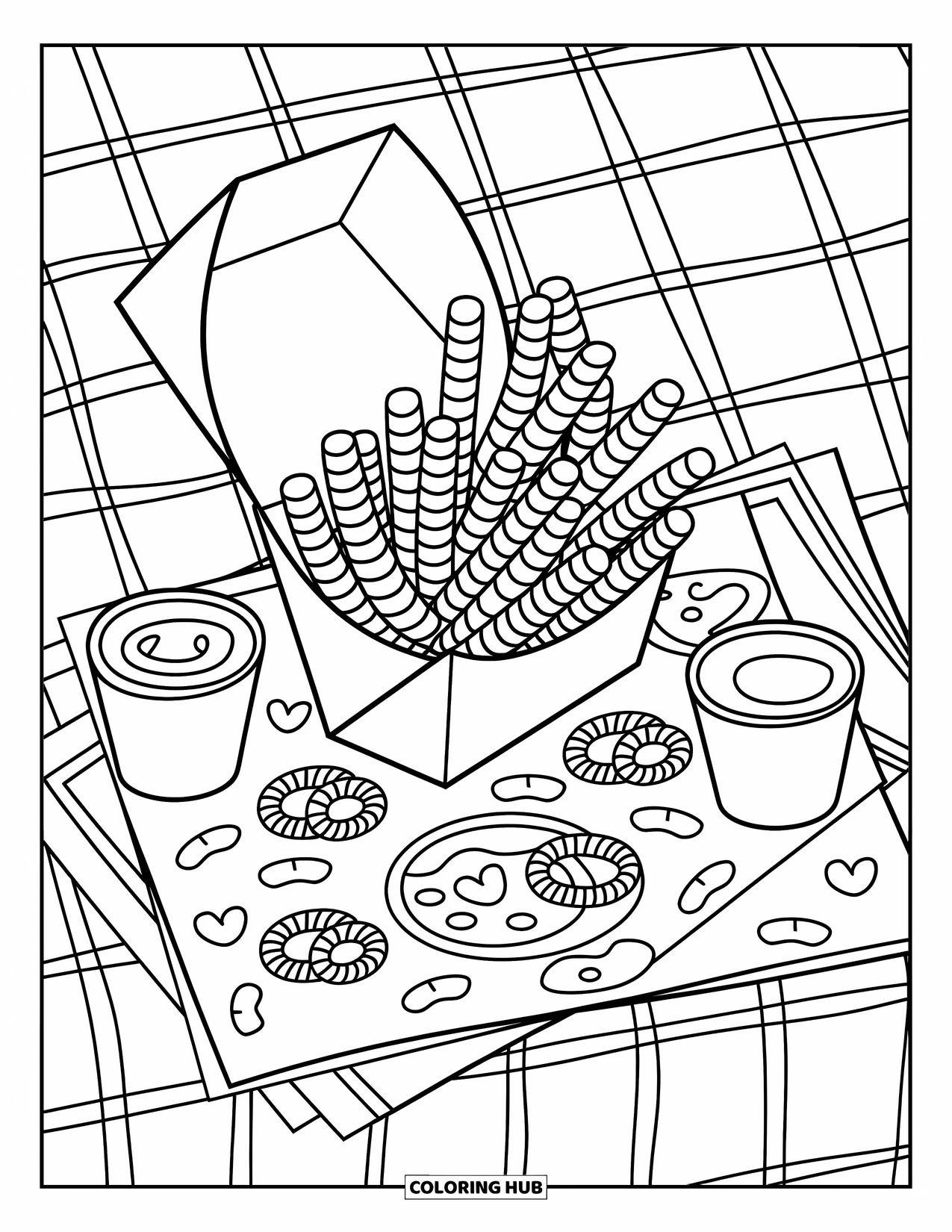 French Fries Coloring Page for Adults: Curly fries, onion rings, and dipping cups sit on a checkered table with a placemat