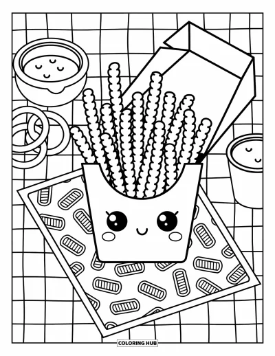 Målarbild med pommes frites för vuxna: Krulliga pommes frites, småringar och såser vilar på ett underlägg med klottrade fritedesigner