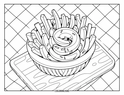 Målarbild med pommes frites för vuxna: Krulliga pommes frites med örter arrangerade i en spiral i en trivsam korg