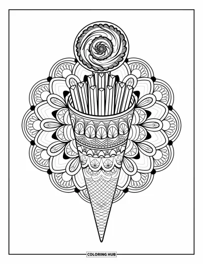 Målarbild med pommes frites för vuxna: Pommes frites arrangerade i en mandalakorg med spiraltopp och konstnärliga detaljer
