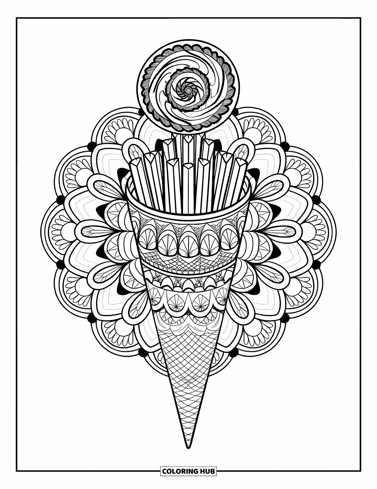 French Fries Coloring Page for Adults: Fries arranged in a mandala cone with a spiral top and artistic details
