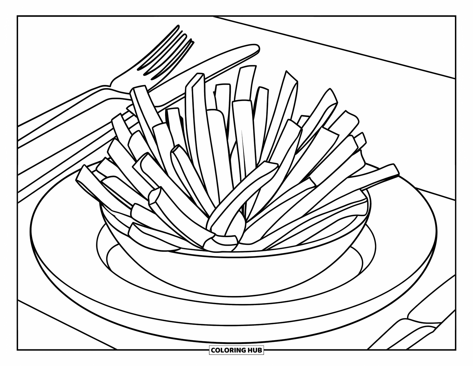 French Fries Coloring Page for Adults: Fries arranged on a plate beside a fork and knife in a simple setting