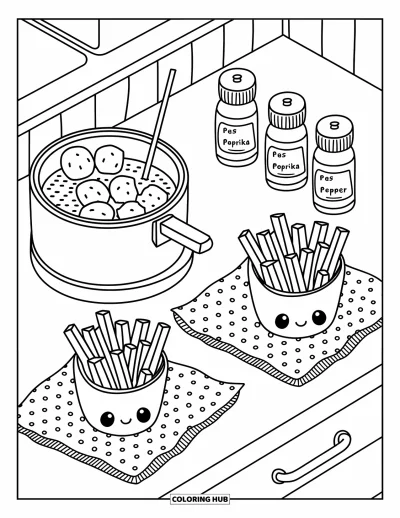 Målarbild med pommes frites för vuxna: Pommes frites bubblar i en liten friterare medan kryddor och hushållspapper ligger prydligt intill