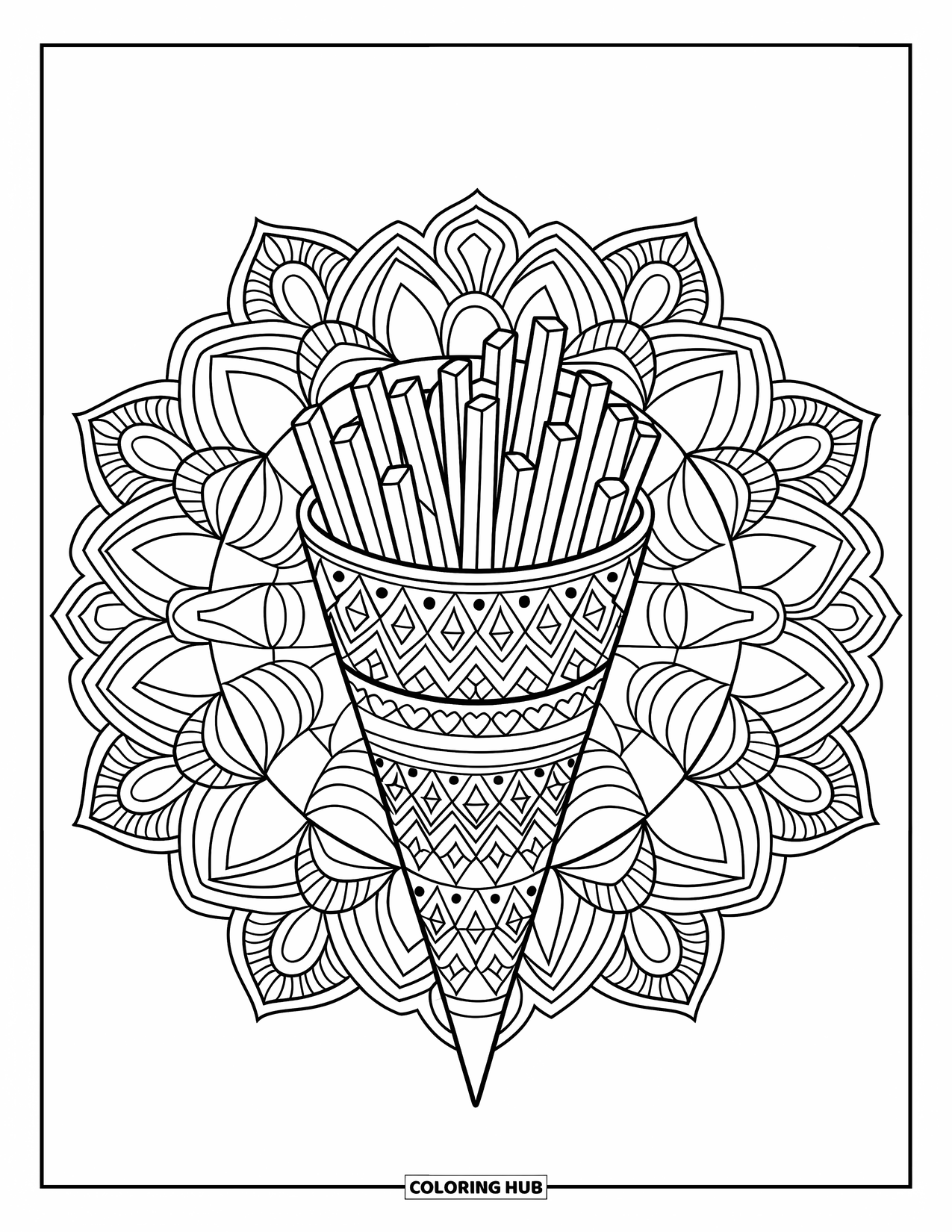 French Fries Coloring Page for Adults: Fries fill a mandala cone with intricate symmetrical patterns all around