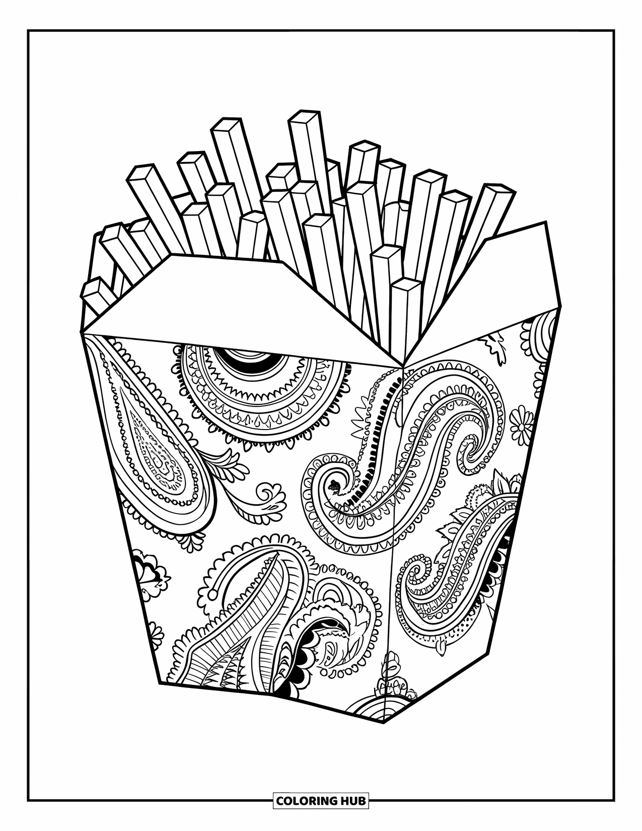 French Fries Coloring Page for Adults: Fries fill a takeout box with a paisley wrapper in a clean white setting