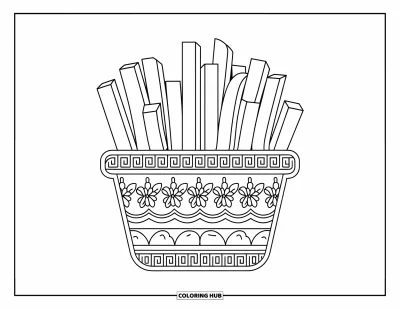 Målarbild med pommes frites för vuxna: Pommes frites i en linjerad korg toppade med örter, sett uppifrån i en ombonad vy