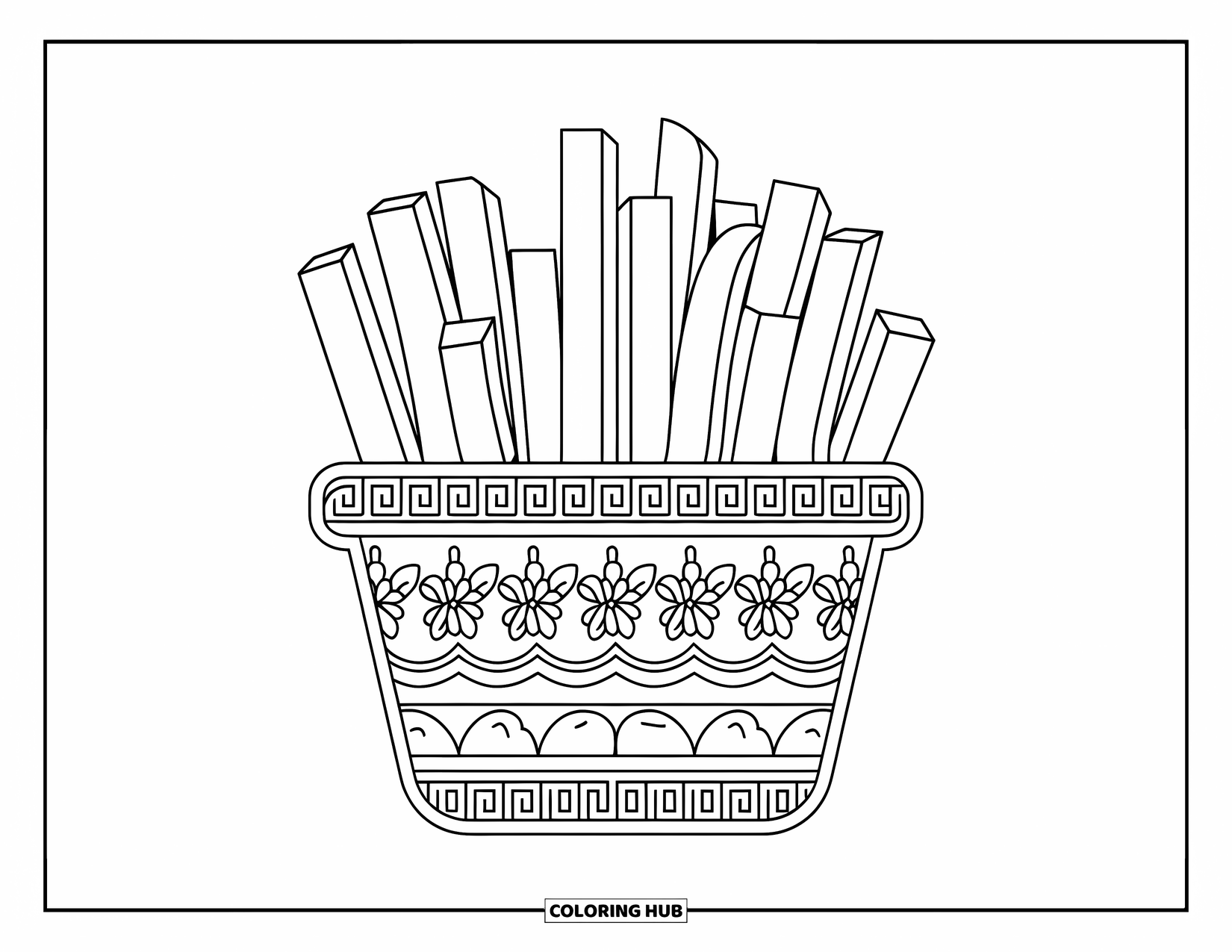 French Fries Coloring Page for Adults: Fries in a lined basket topped with herbs, seen from a cozy top-down view