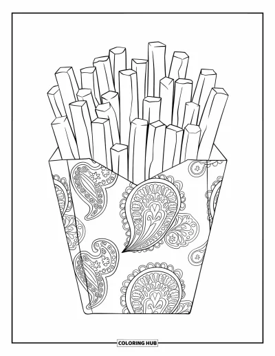 Målarbild med pommes frites för vuxna: Pommes frites i en spiral fyller en paisleyinsvept matlåda i en enkel design