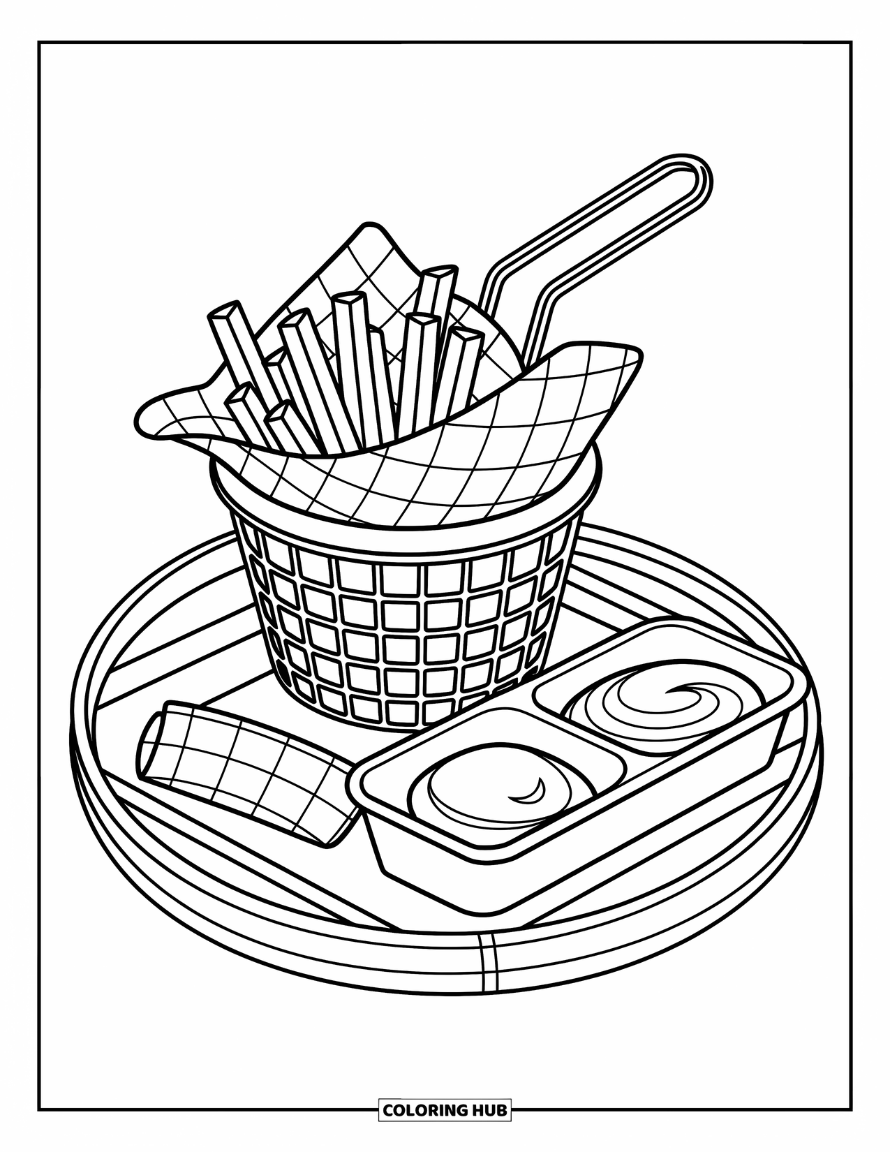 French Fries Coloring Page for Adults: Fry basket, cute sauces, and napkin sit on a tray with cozy, kawaii-style details